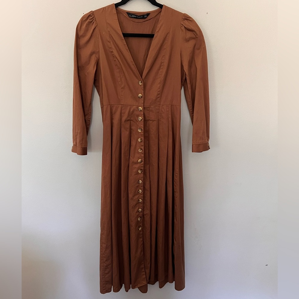 Zara Button Down Cotton Pleated Brown Dress Size Small